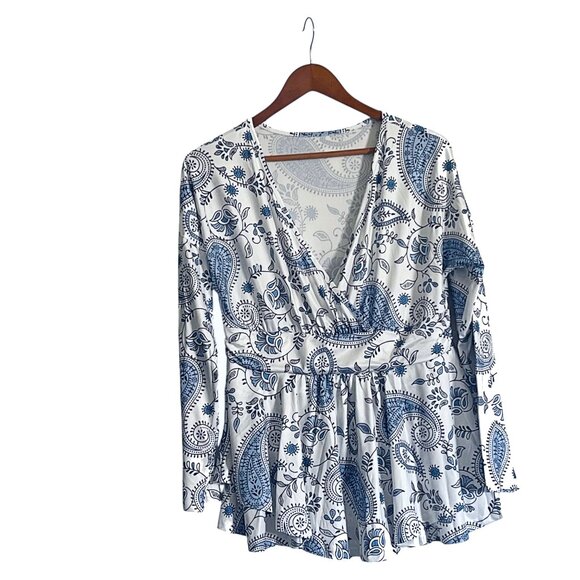 Tops - Plus Size V-Neck Banded Waist Layered Promenade Boho Blue Paisley Floral Top